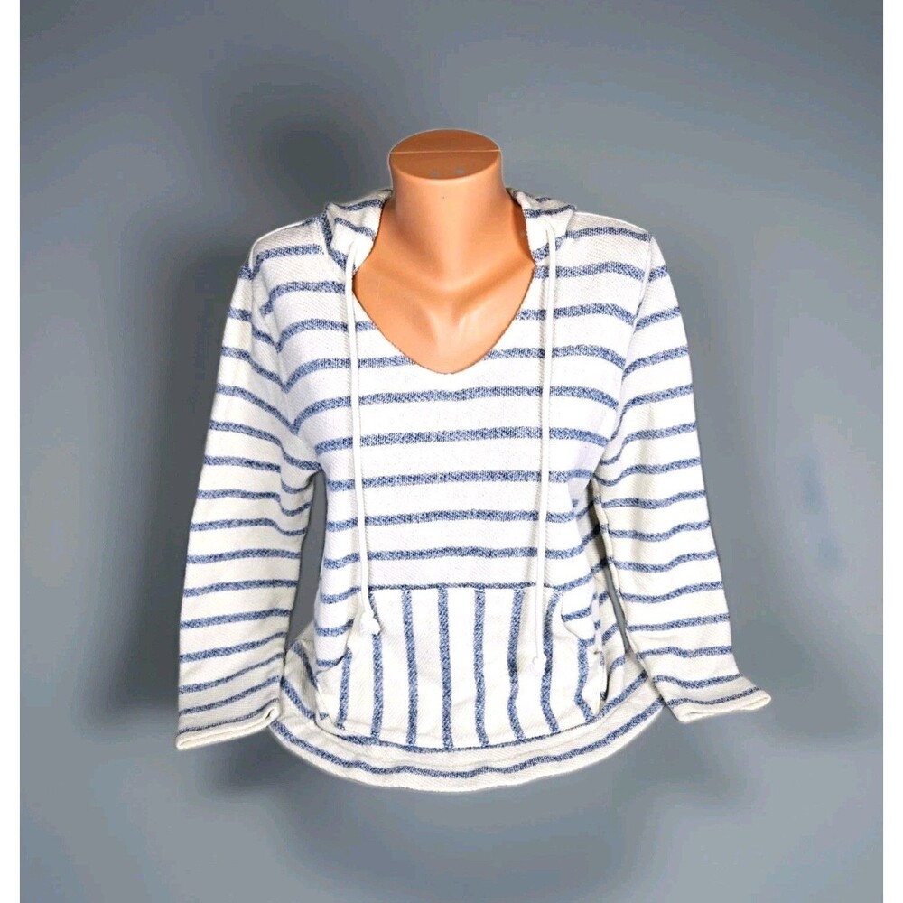 Old Navy Textured Beach Striped Pullover Hoodie M Blue White Pockets Nautical